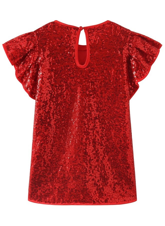 Noomelfish Girls Short Sleeve Sequin Shirts Party Glitter Sparkly Tops Blouse, Red, Size 9-10 Years - Image 2